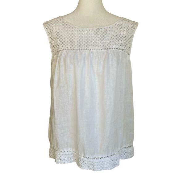 Cynthia Rowley 100% Linen Eyelet Detail Top Sleeveless Blouse Keyhole Back Sz L - Picture 1 of 16